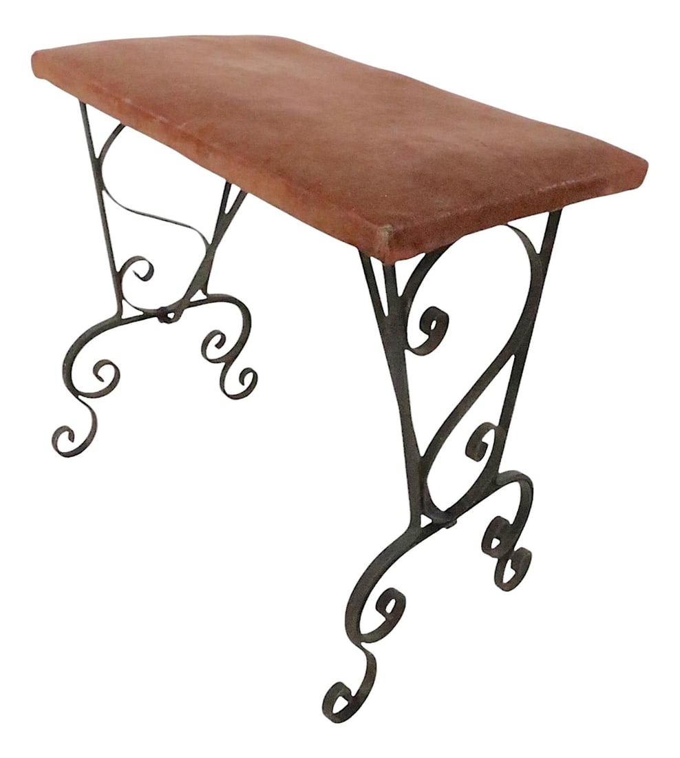1930s Art Deco Wrought Iron Vanity Bench with Upholstered Seat: 1930s Art Deco Wrought Iron Vanity Bench with Upholstered Seat Discover the elegance of this 1930s Art Deco wrought iron vanity bench, featuring a beautifully upholstered rectangular seat supported by