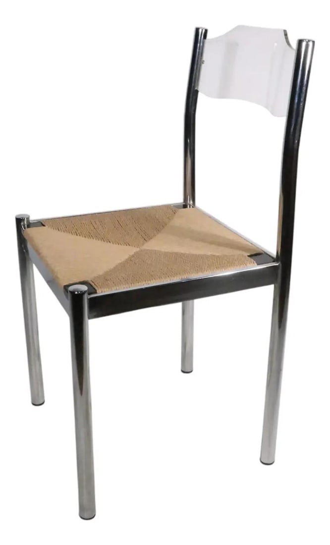 1970s Mod Lucite Chrome Rush Side Chair USA: 1970s Mod Lucite Chrome Rush Side Chair USA This stunning Mod Hollywood Regency style side chair, circa 1970s, embodies a unique blend of sophistication and contemporary design. Featuring a sculpted l