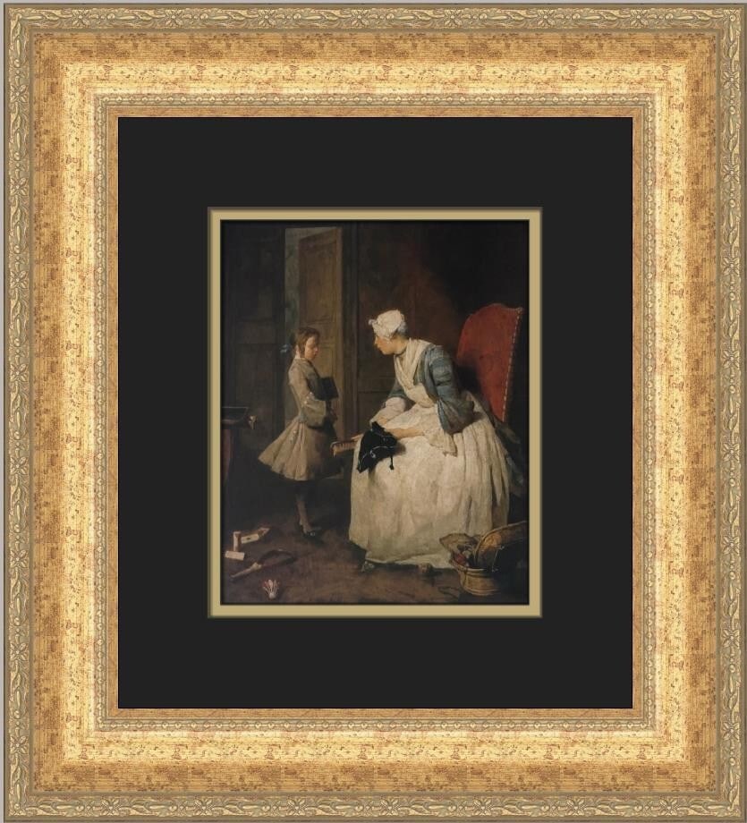 Jean-Baptiste Greuze The Governess Custom Framed Rococo Print: Jean-Baptiste Greuze The Governess Custom Framed Rococo Print This custom framed print titled "The Governess" by Jean-Baptiste Greuze captures the elegance of Rococo style art. Measuring 16 in. tall a