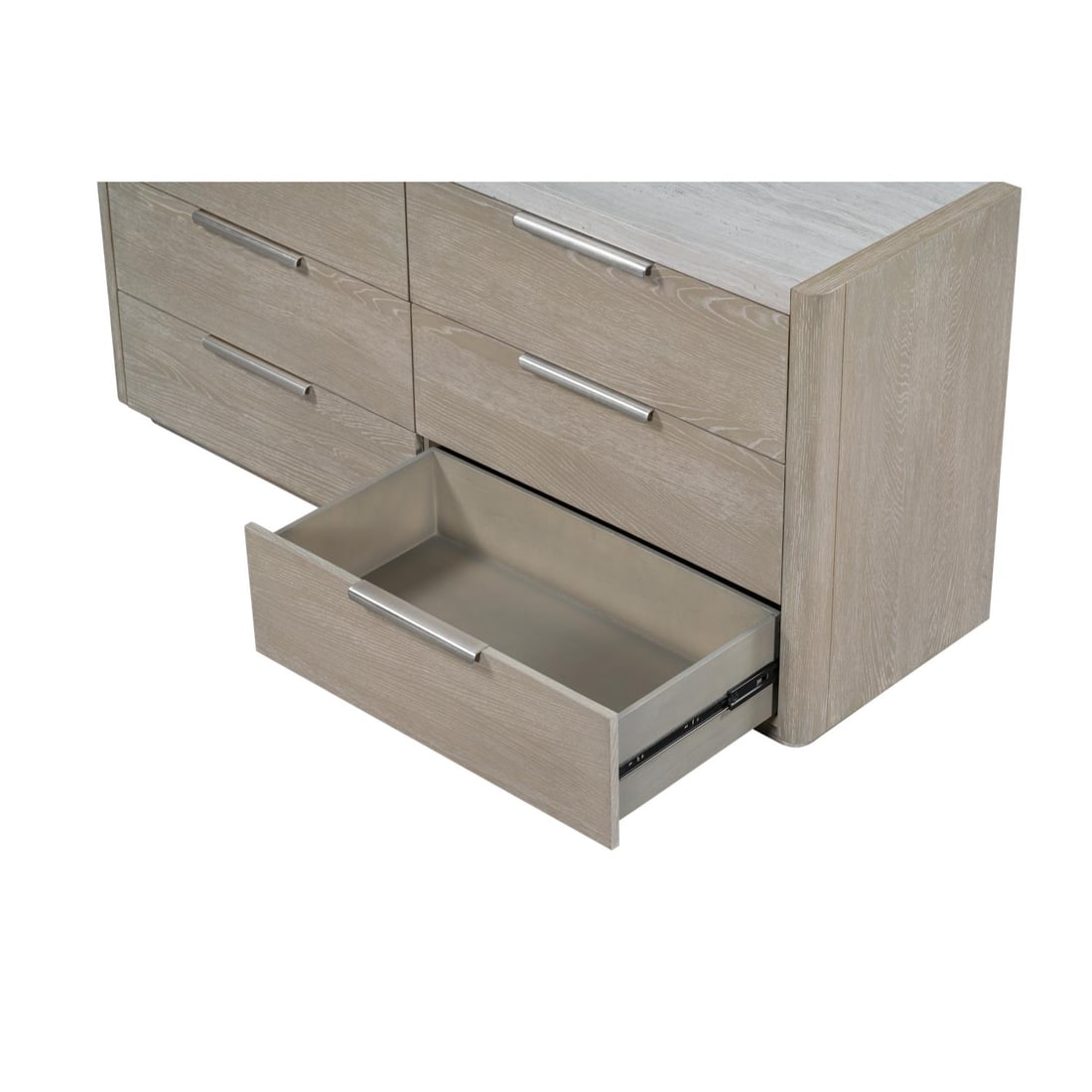 Alder Tweed Warner Dresser Six Drawer Washed Stone Finish: Alder Tweed Warner Dresser Six Drawer Washed Stone Finish Introducing the Warner Dresser, a stunning six-drawer piece that embodies luxury with its elegant vintage-inspired design. Crafted from engine