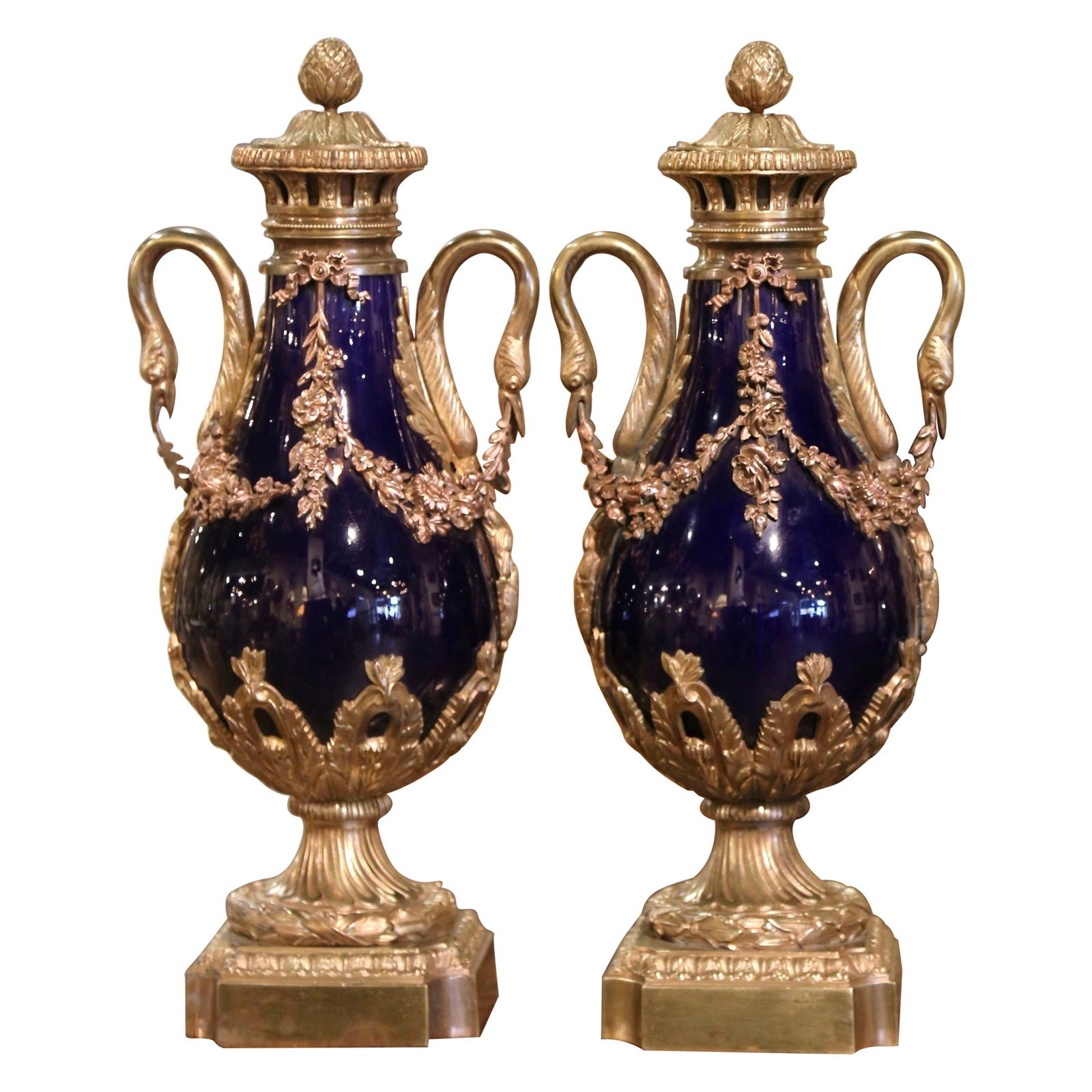 Antique Pair of 19th Century French Cobalt Blue Gilt Bronze Cassolettes Set of 2 (1 of 9)