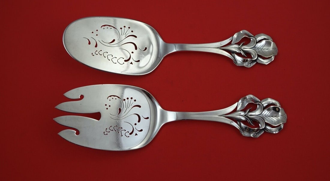 Iris Sorensen 2-Pc Sterling Silver Fish Serving Set 9 Inch with Large Iris Handles: Iris Sorensen 2-Pc Sterling Silver Fish Serving Set 9 Inch with Large Iris Handles Elevate your dining experience with this exquisite 2-piece fish serving set by Iris Sorensen. Crafted from high-quali