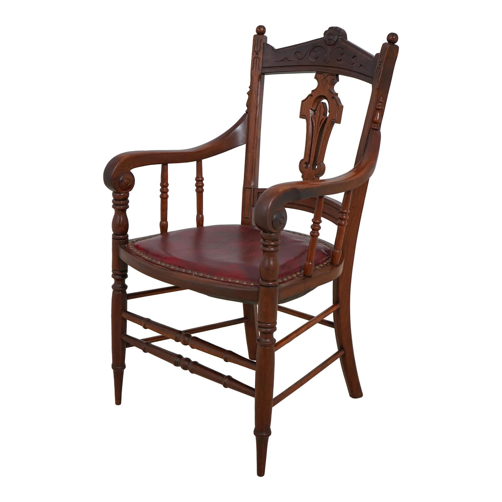Restored 1880s American Victorian Walnut Arm Chair with Leather Seat (1 of 10)