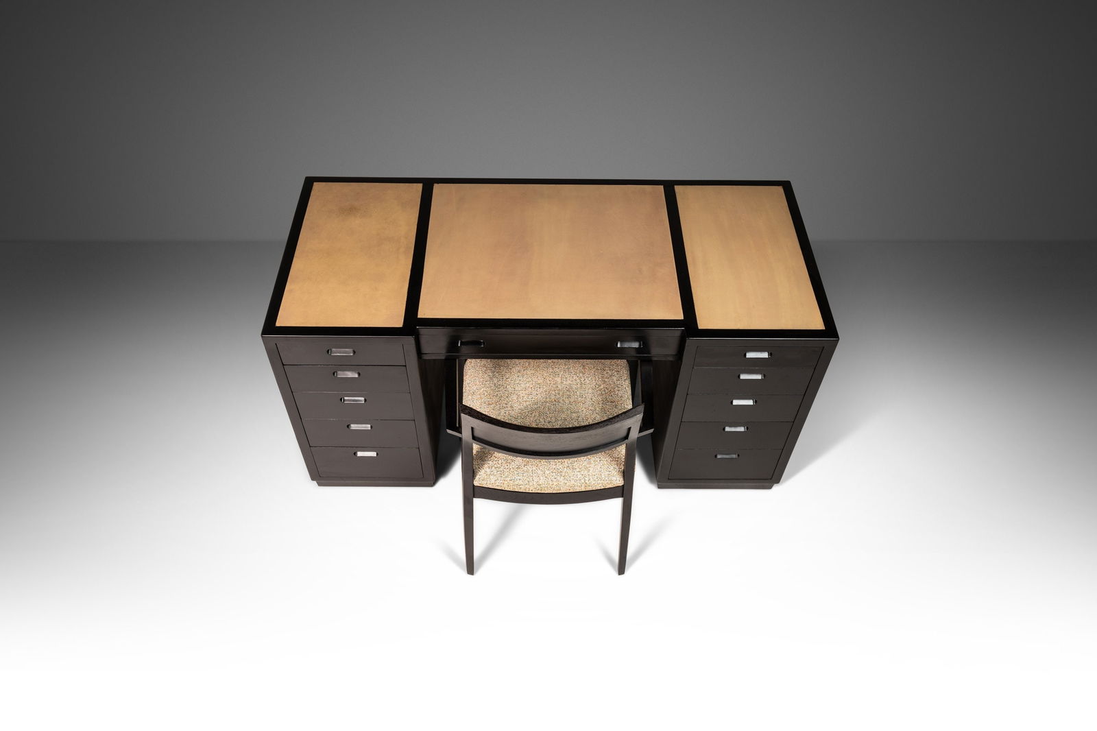 Edward Wormley Ebonized Campaign Desk Dunbar 1960s Leather Top: Edward Wormley Ebonized Campaign Desk Dunbar 1960s Leather Top This stunning Ebonized Mid Century Modern Executive Desk, designed by Edward Wormley for Dunbar in the 1960s, showcases a commanding pres