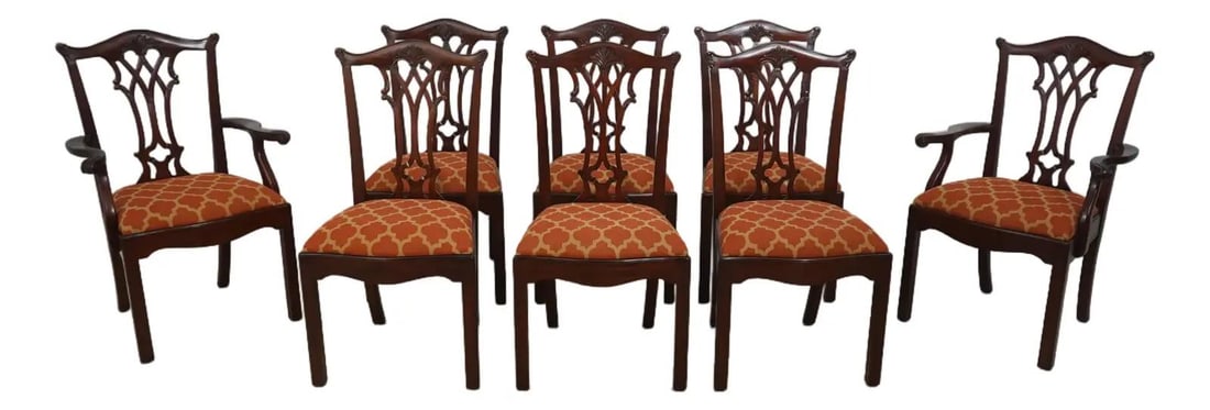 Set of 8 Maitland Smith Chippendale Carved Mahogany Dining Chairs: Set of 8 Maitland Smith Chippendale Carved Mahogany Dining Chairs This exquisite set of 8 dining chairs showcases the timeless elegance of Chippendale design, crafted from solid mahogany with intricat