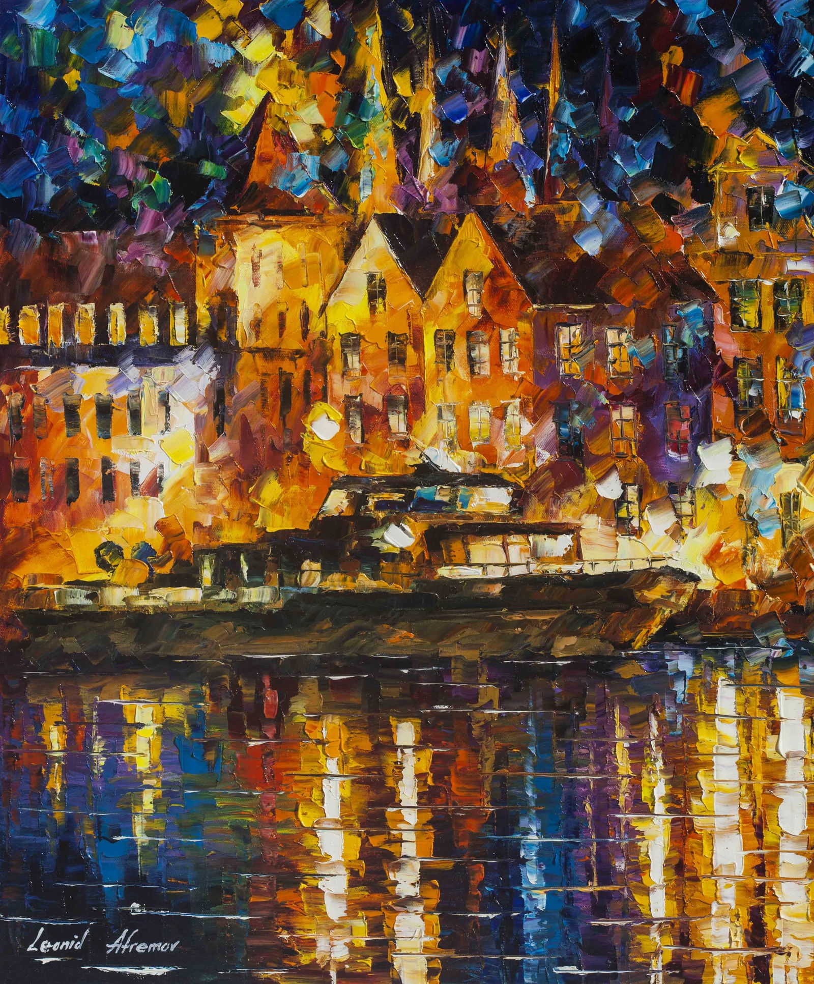 Reflections of the Past Oil Painting by Leonid Afremov 50x60cm with Certificate of Authenticity: Reflections of the Past Oil Painting by Leonid Afremov 50x60cm with Certificate of Authenticity Experience the beauty of "Reflections of the Past," an original oil painting by renowned artist Leonid A