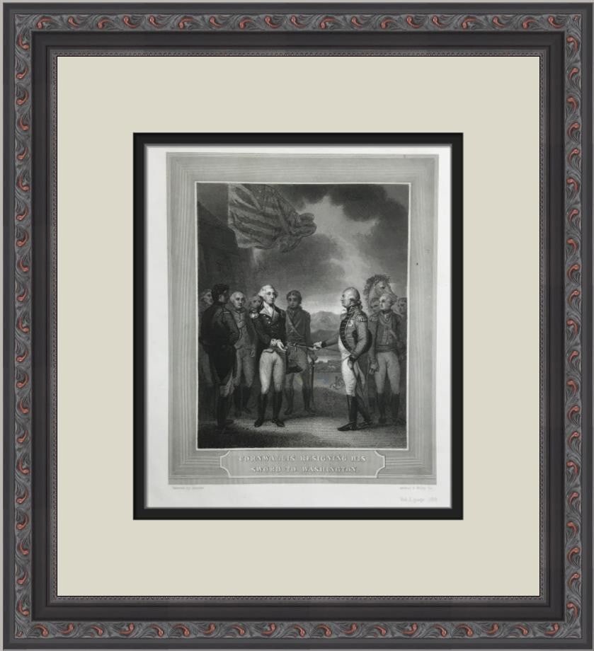 George Washington Lord Cornwallis Surrender 1800s Etching Custom Framed Artwork: George Washington Lord Cornwallis Surrender 1800s Etching Custom Framed Artwork Capture a piece of history with this original etching depicting the surrender of Lord Cornwallis to President George Was