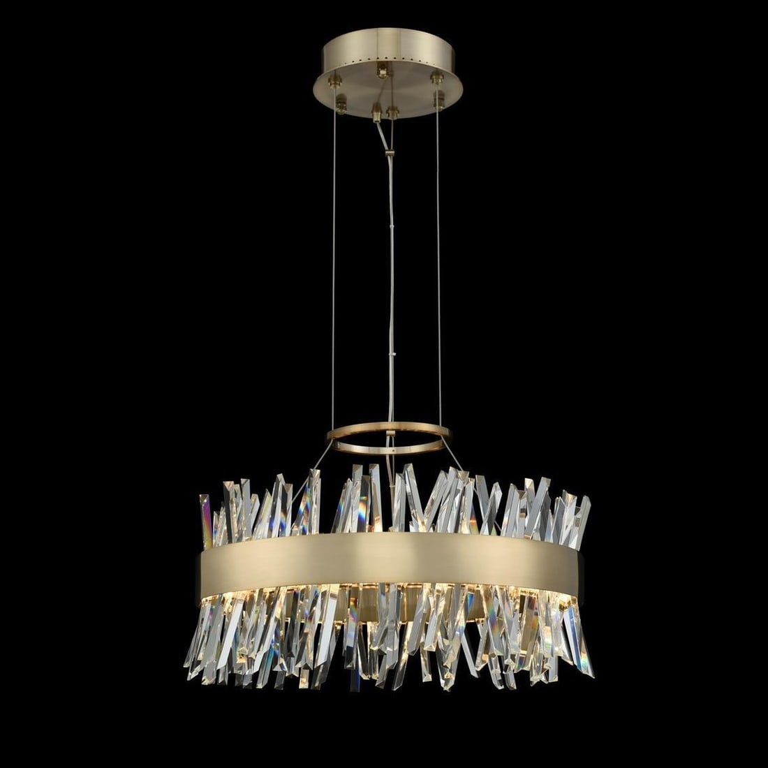 Kalco Glacier Pendant Light with Firenze Crystal and Gold Finish: Kalco Glacier Pendant Light with Firenze Crystal and Gold Finish Illuminate your space with the Glacier Pendant, a stunning round LED pendant light that seamlessly blends contemporary design with luxu