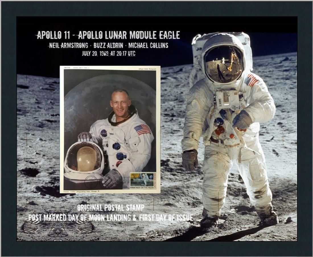 Framed NASA Photo Buzz Aldrin Apollo 11 First Day of Issue: Framed NASA Photo Buzz Aldrin Apollo 11 First Day of Issue This original NASA photograph captures a historic moment in space exploration featuring astronaut Edwin "Buzz" Aldrin during the Apollo 11 mi