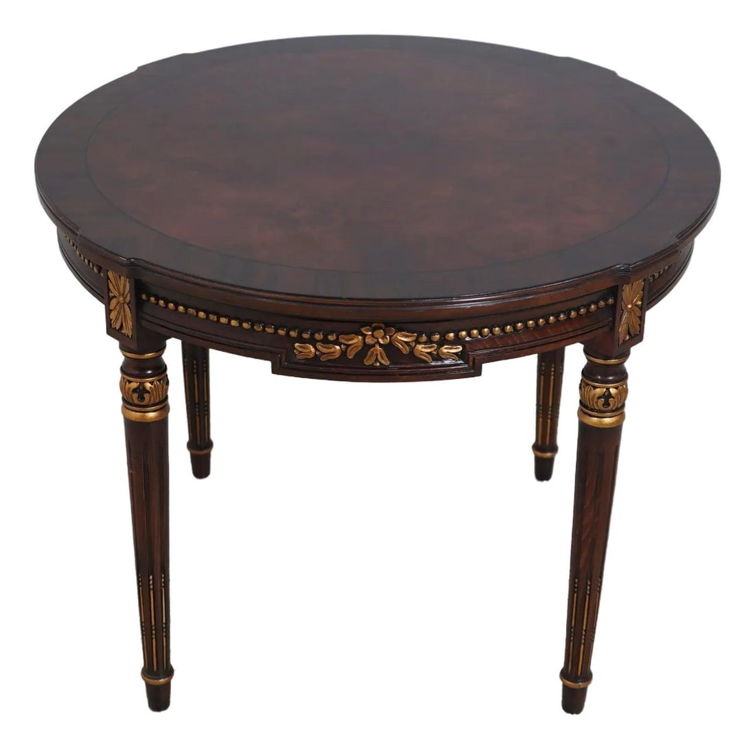Karges Round Walnut Lamp Table French Louis XVI Style: Karges Round Walnut Lamp Table French Louis XVI Style Enhance your living space with this exquisite Karges Round French Louis XVI Style Walnut Lamp Table. Crafted from beautiful burl walnut, this lamp