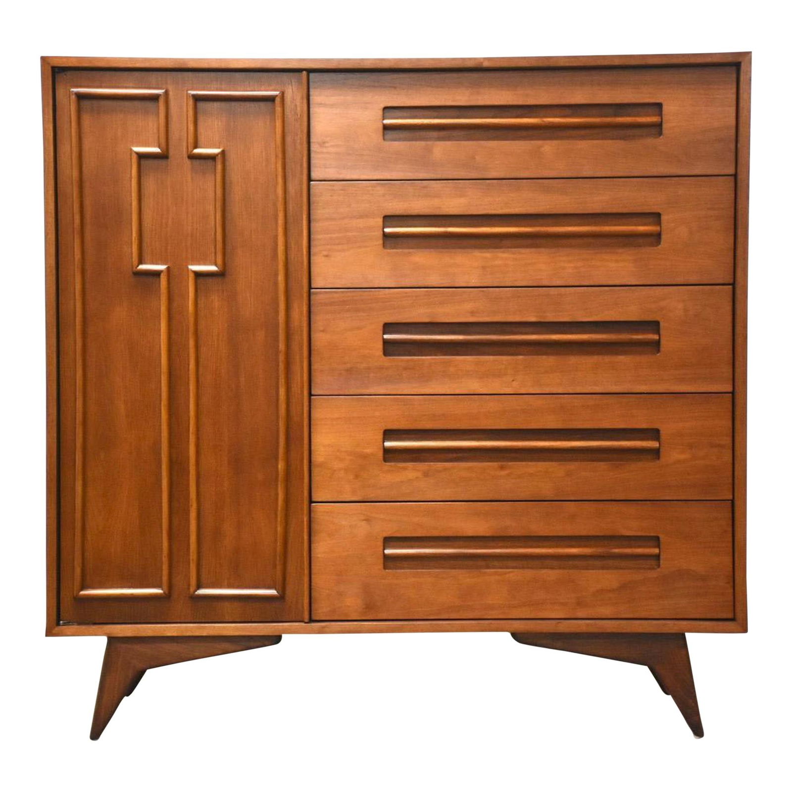 Mid Century Walnut Dresser by Young Manufacturing Atomic Legs: Mid Century Walnut Dresser by Young Manufacturing Atomic Legs This elegant mid-century walnut armoire dresser features a striking design with atomic legs and generous drawer storage, crafted by Young
