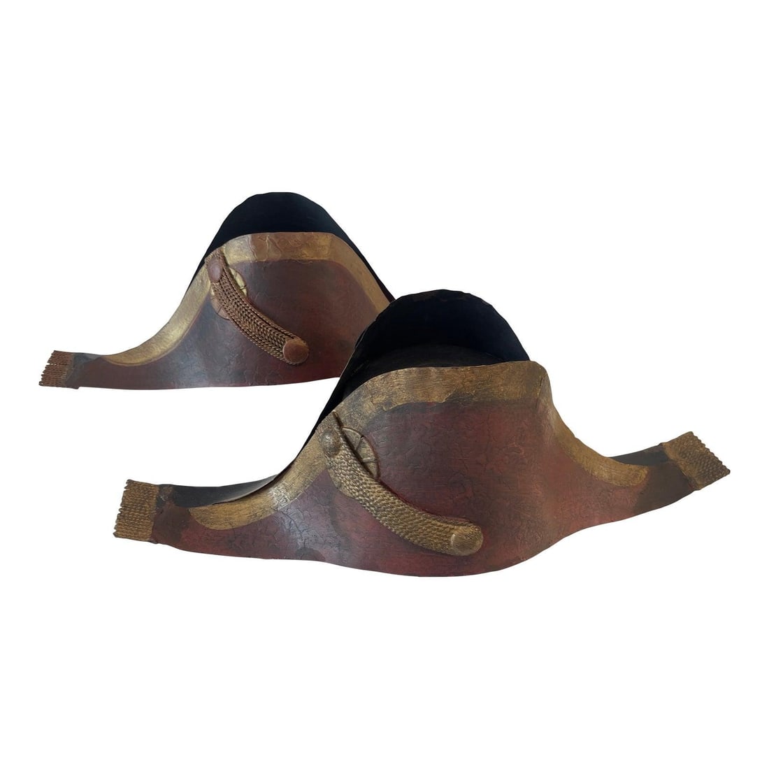 French Dark Red Tole Napoleonic Hats Wall Light Sconces Pair: French Dark Red Tole Napoleonic Hats Wall Light Sconces Pair This exquisite pair of French Dark Red Tole Napoleonic Hats has been elegantly transformed into wall light sconces, perfect for adding a to
