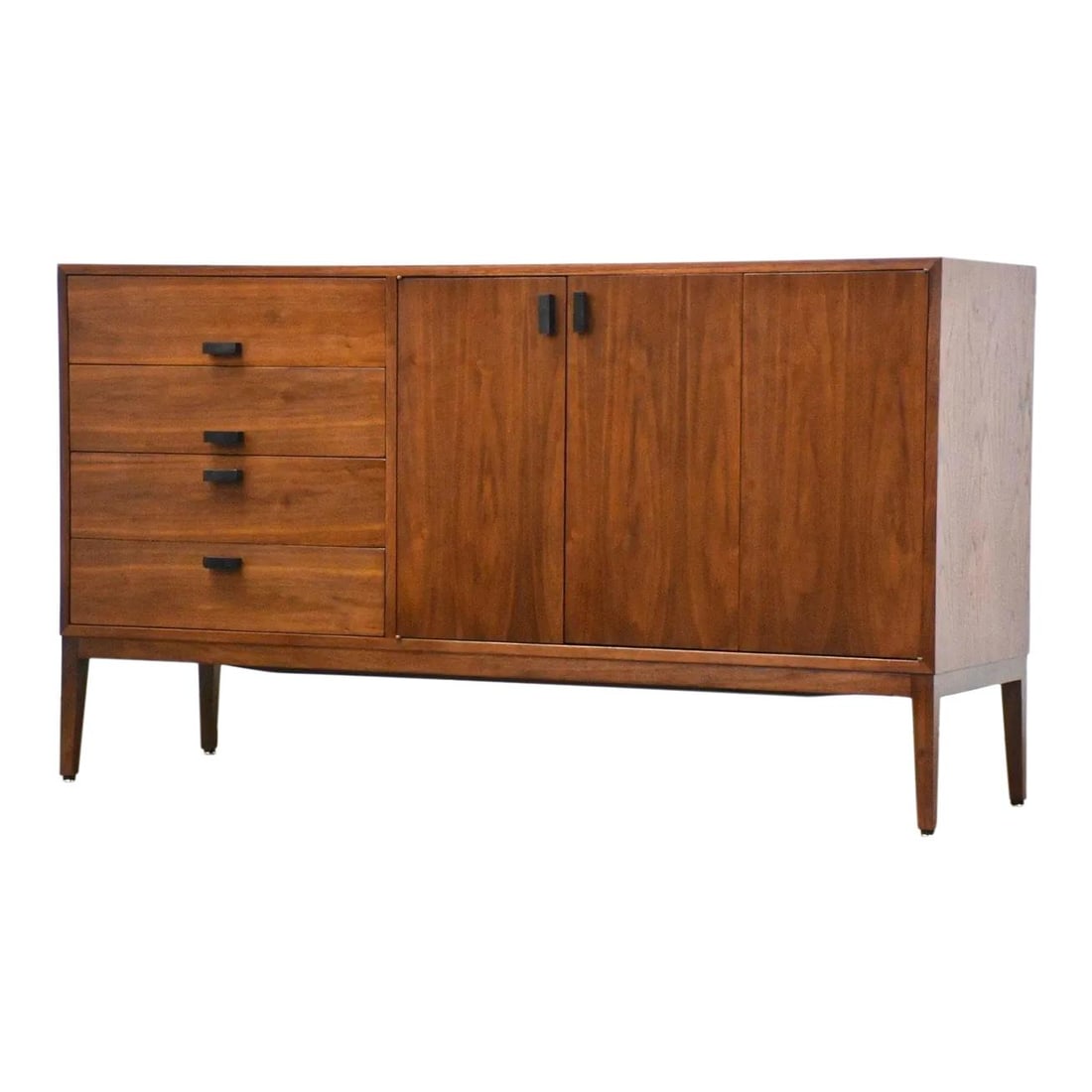 Refinished Mid Century Modern Walnut Credenza with Black Pulls: Refinished Mid Century Modern Walnut Credenza with Black Pulls This beautifully refinished mid-century modern walnut TV console credenza features sleek black pulls, combining functionality with style.