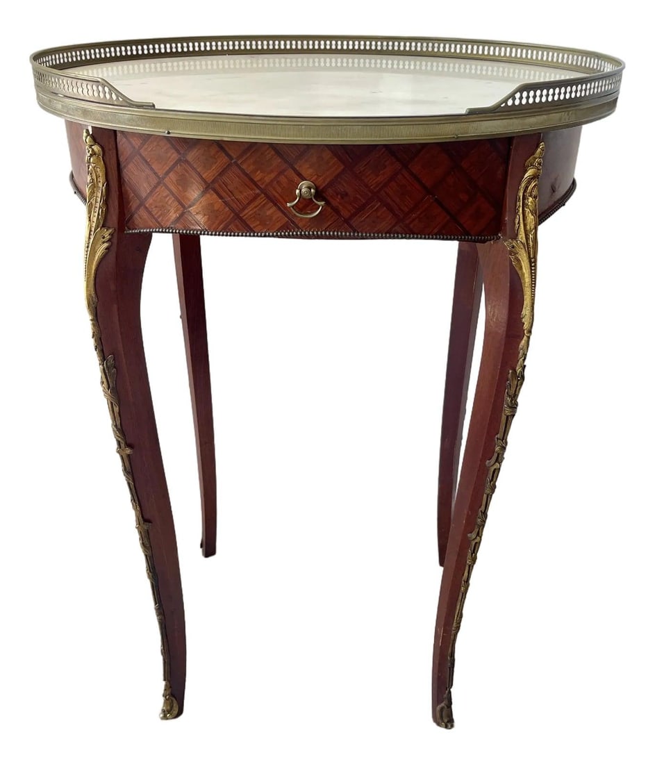Charming French Marquetry Gueridon Table with Brass Gallery and Marble Top (1 of 10)