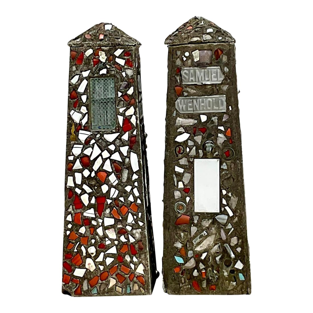 Vintage Coastal Mosaic Garden Obelisks Pair 40.5 Inches: Vintage Coastal Mosaic Garden Obelisks Pair 40.5 Inches Enhance your outdoor ambiance with this exquisite pair of vintage coastal mosaic garden obelisks. Each obelisk showcases intricate mosaic patter