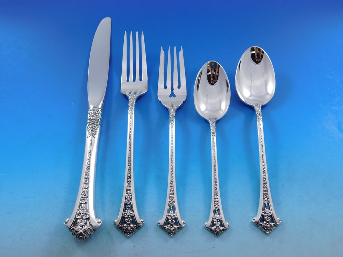 Gorham Classic Bouquet Sterling Silver Flatware Set for 12 65 Pieces: Gorham Classic Bouquet Sterling Silver Flatware Set for 12 65 Pieces Elevate your dining experience with this exquisite Classic Bouquet sterling silver flatware set by Gorham. This comprehensive set i