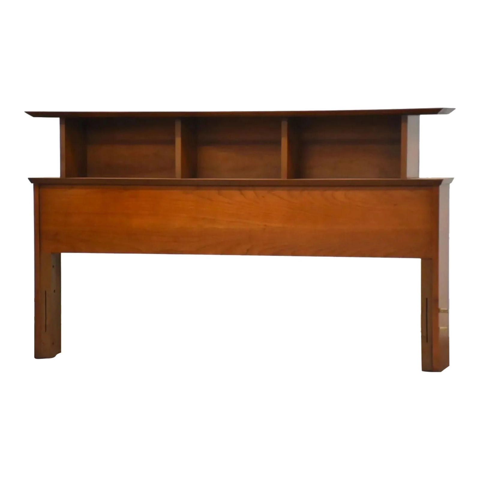 1960s Mid-Century Modern Cherry Headboard with Bookshelf Space: 1960s Mid-Century Modern Cherry Headboard with Bookshelf Space This mid-century modern cherry headboard features a classic design originally crafted for full-size beds, now equipped with added bracket