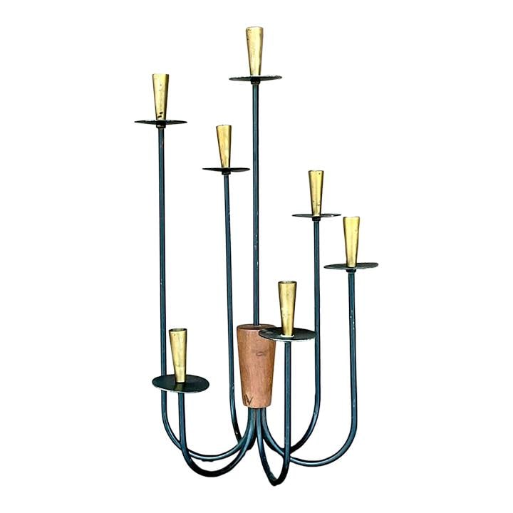 Vintage MCM Candelabra Black Metal Brass and Wood Chic Design: Vintage MCM Candelabra Black Metal Brass and Wood Chic Design Elevate your decor with this stunning vintage Mid-Century Modern (MCM) candelabra. Featuring a stylish black metal and brass frame complem
