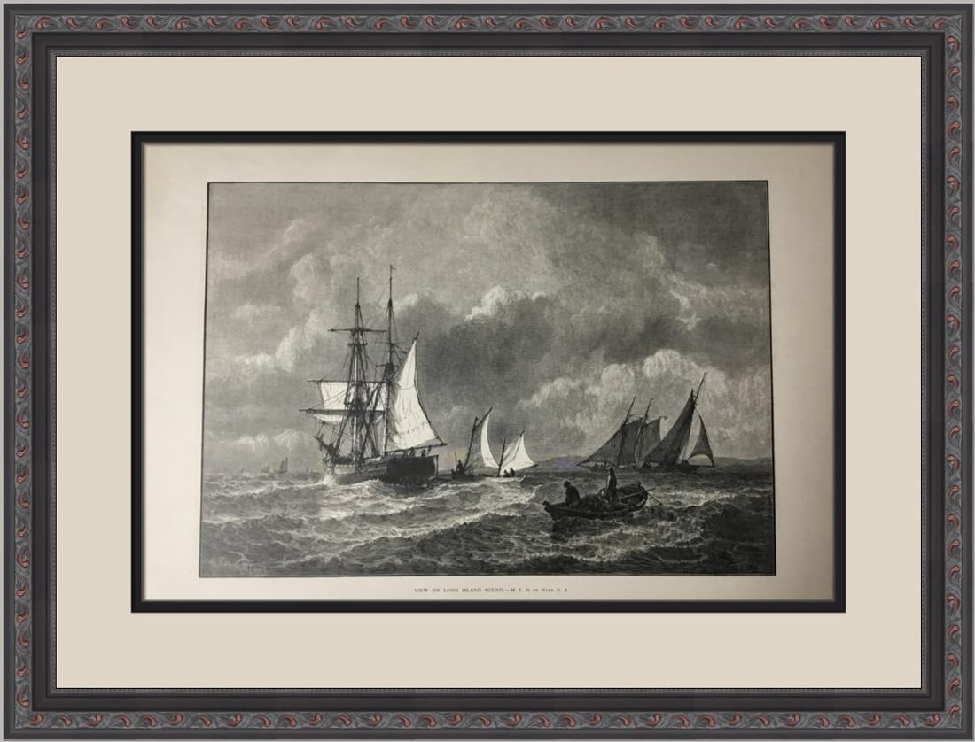 Long Island Sound Etching 1800s Custom Framed 16 x 22 Museum Quality: Long Island Sound Etching 1800s Custom Framed 16 x 22 Museum Quality This exquisite original etching captures a stunning view of Long Island Sound, created during the late 1800s to early 1900s. It fea