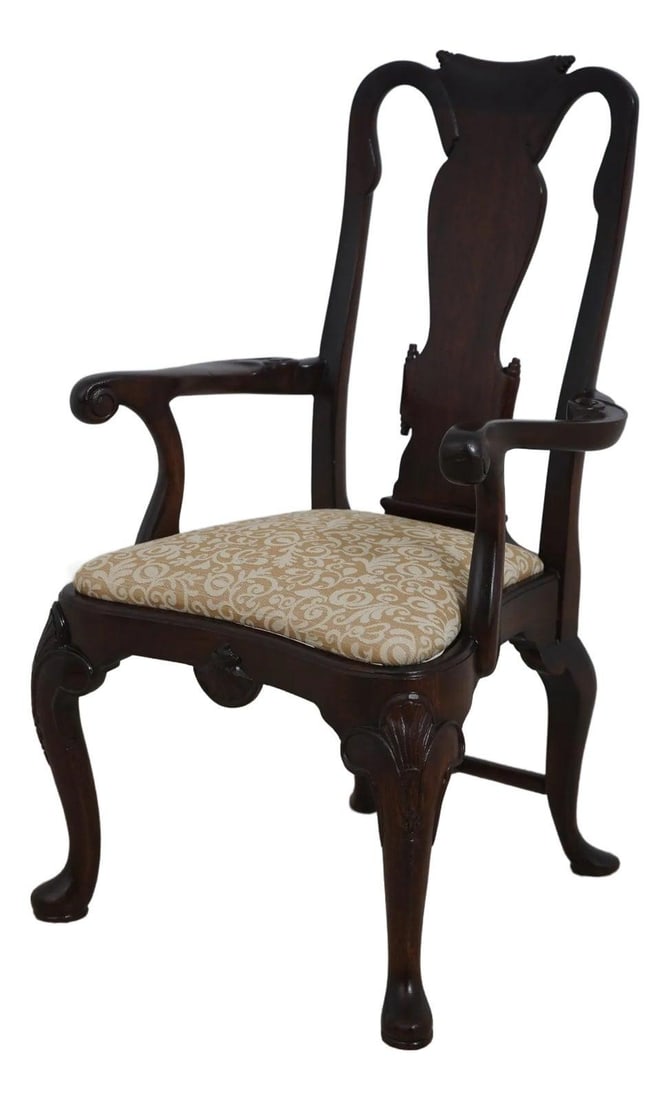 Queen Anne Diminutive Child's Chair Solid Mahogany Damask Upholstery (1 of 10)