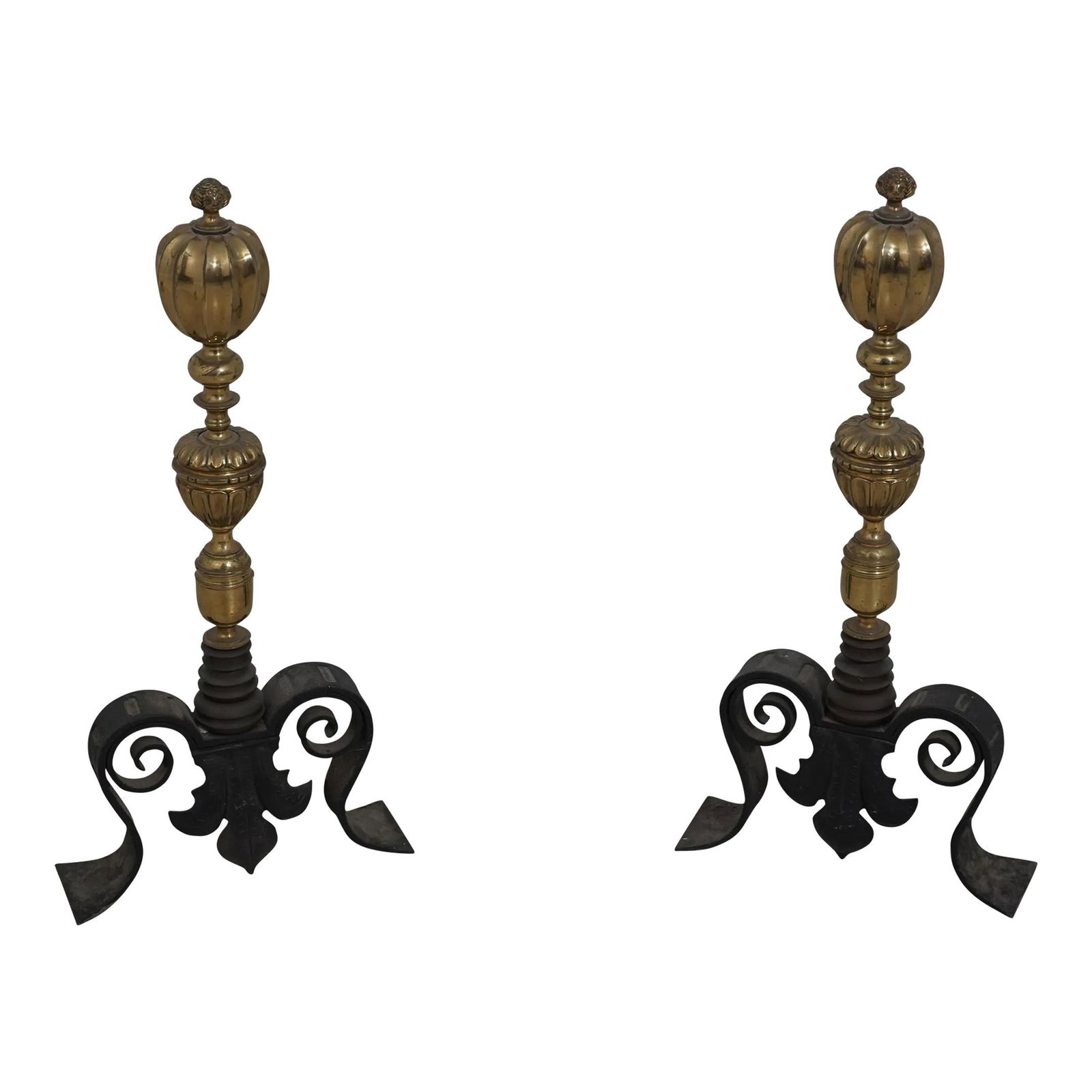 Antique Brass Iron Fireplace Andirons with Animal Face Finials: Antique Brass Iron Fireplace Andirons with Animal Face Finials Enhance your fireplace with this stunning pair of antique brass and iron andirons, approximately 100 years old. Featuring charming animal
