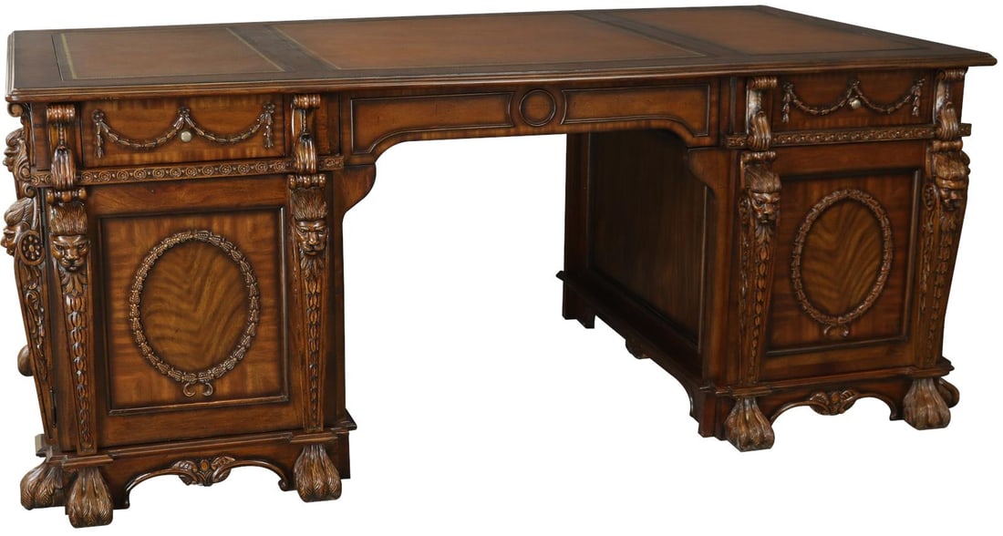 Exquisite Mahogany Tudor Partners Desk with Carved Claw Feet: Exquisite Mahogany Tudor Partners Desk with Carved Claw Feet This Mahogany Tudor Partners Desk features exquisite carved detailing that enhances its traditional aesthetic. Constructed from solid wood