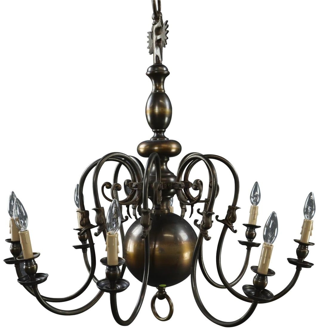 Vintage 1930s Grand Antique Brass 8-Light Flemish Chandelier: Vintage 1930s Grand Antique Brass 8-Light Flemish Chandelier Illuminate your space with this stunning Grand Antique Brass Flemish Chandelier, a remarkable piece dating back to 1930. Featuring a classi