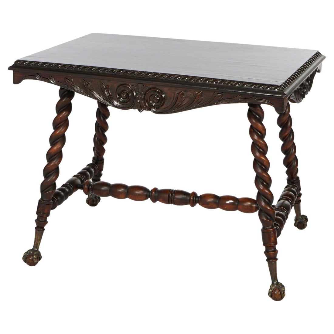 C1900 Antique Mahogany Twisted Barley Lamp Table by Hunzinger: C1900 Antique Mahogany Twisted Barley Lamp Table by Hunzinger This oversized antique lamp table, reminiscent of the designs by George Hunzinger, features exquisite mahogany construction. With a height