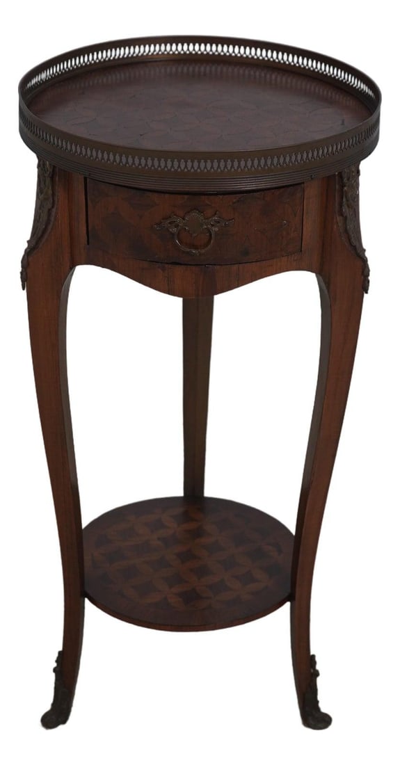 French Neoclassical Marquetry Side Table with Brass Gallery: French Neoclassical Marquetry Side Table with Brass Gallery This exquisite Vintage French Neoclassical Marquetry Side Table showcases elegant design elements and high-quality craftsmanship. Constructe