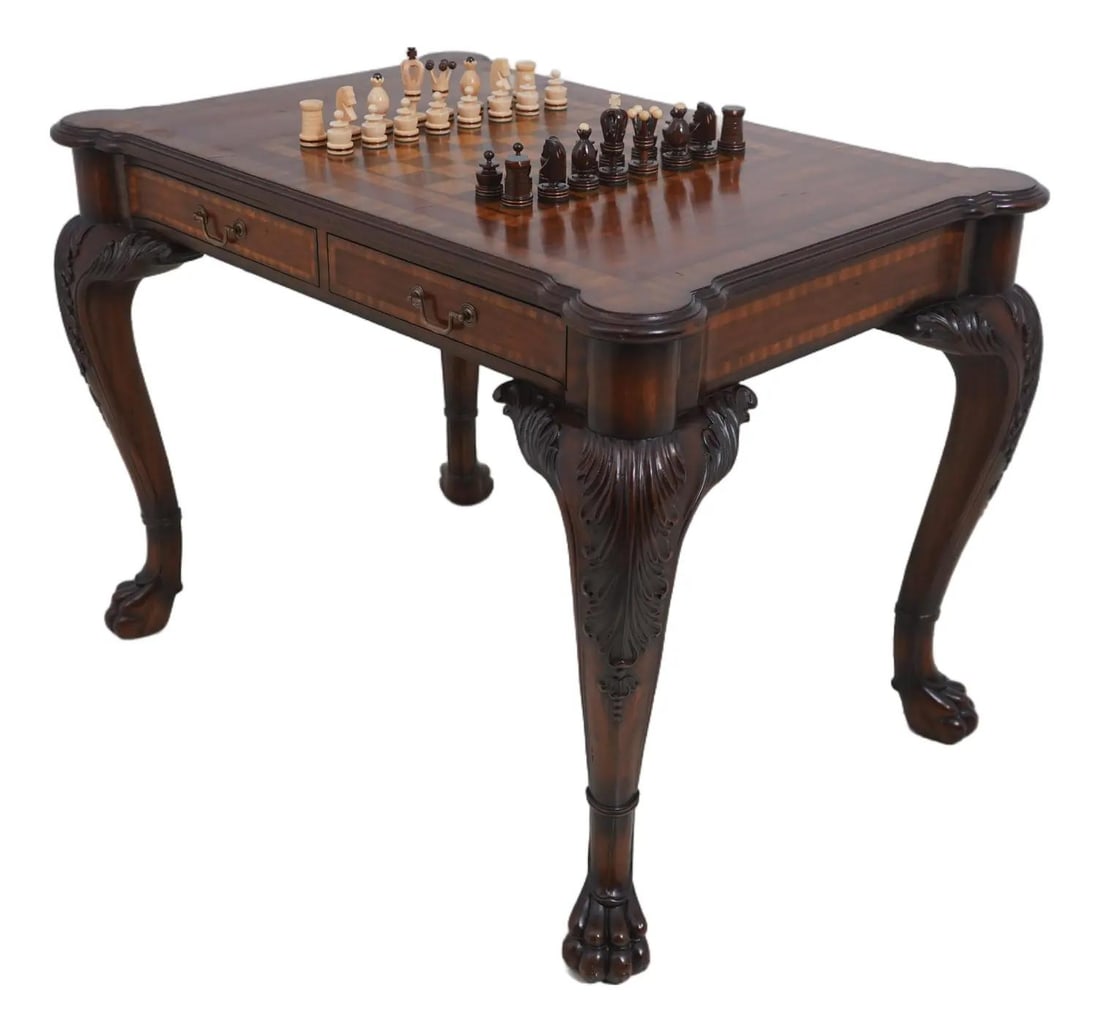 Maitland Smith Mahogany Inlaid Game Table Chippendale Style with Chess Pieces: Maitland Smith Mahogany Inlaid Game Table Chippendale Style with Chess Pieces This exquisite Maitland Smith game table showcases a timeless design, featuring a rich mahogany construction with detailed