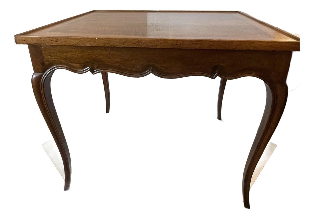 1940s French Walnut Game Table with Scrolled Apron and Cabriole Legs: 1940s French Walnut Game Table with Scrolled Apron and Cabriole Legs This exquisite French Provincial game table from the 1940s is crafted from beautiful walnut wood, showcasing a stunning honey color