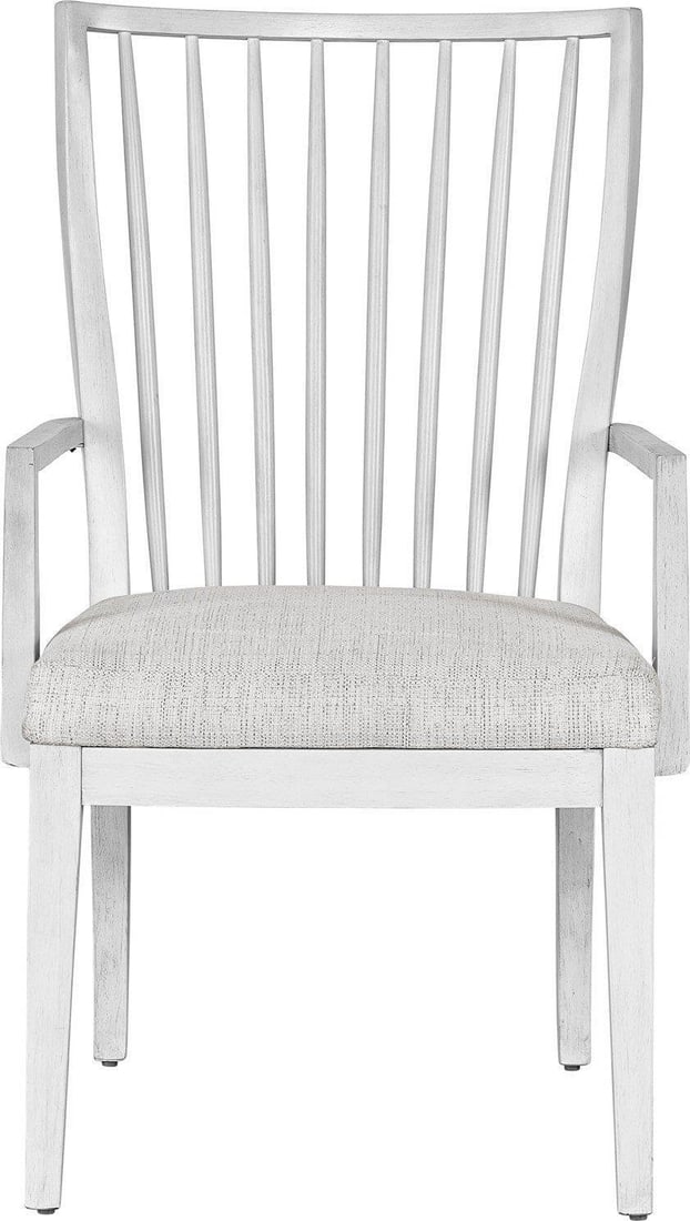 Universal Bowen Arm Chair Modern Farmhouse Dove Wing Finish: Universal Bowen Arm Chair Modern Farmhouse Dove Wing Finish Introducing the Bowen Arm Chair, a stunning addition to your modern farmhouse decor. This armchair features an elegant slat back design, pro