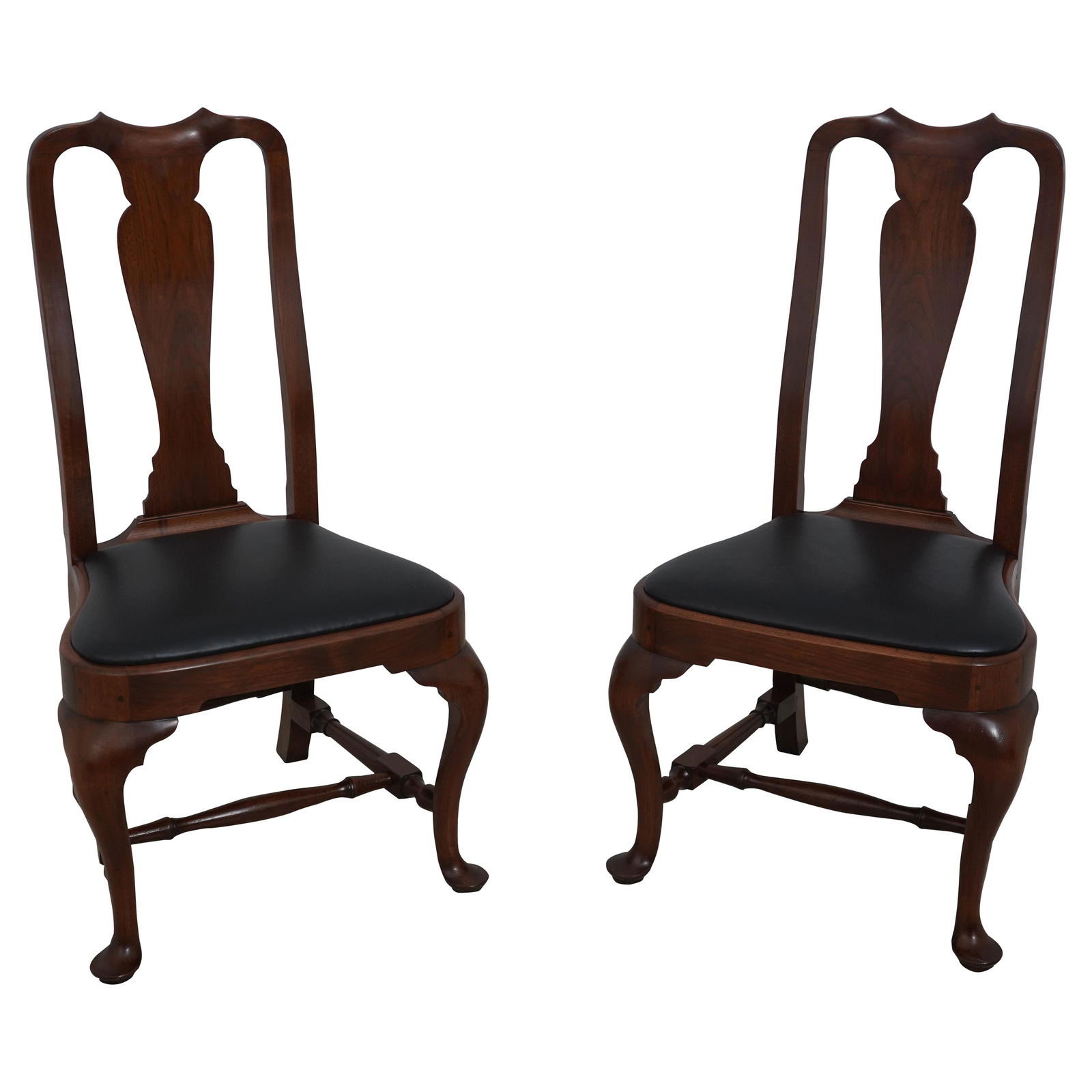 Exquisite Pair of Solid Walnut Side Chairs with Black Leather Seats: Exquisite Pair of Solid Walnut Side Chairs with Black Leather Seats This exquisite pair of side chairs showcases high-quality craftsmanship, made from solid walnut and featuring luxurious black leathe