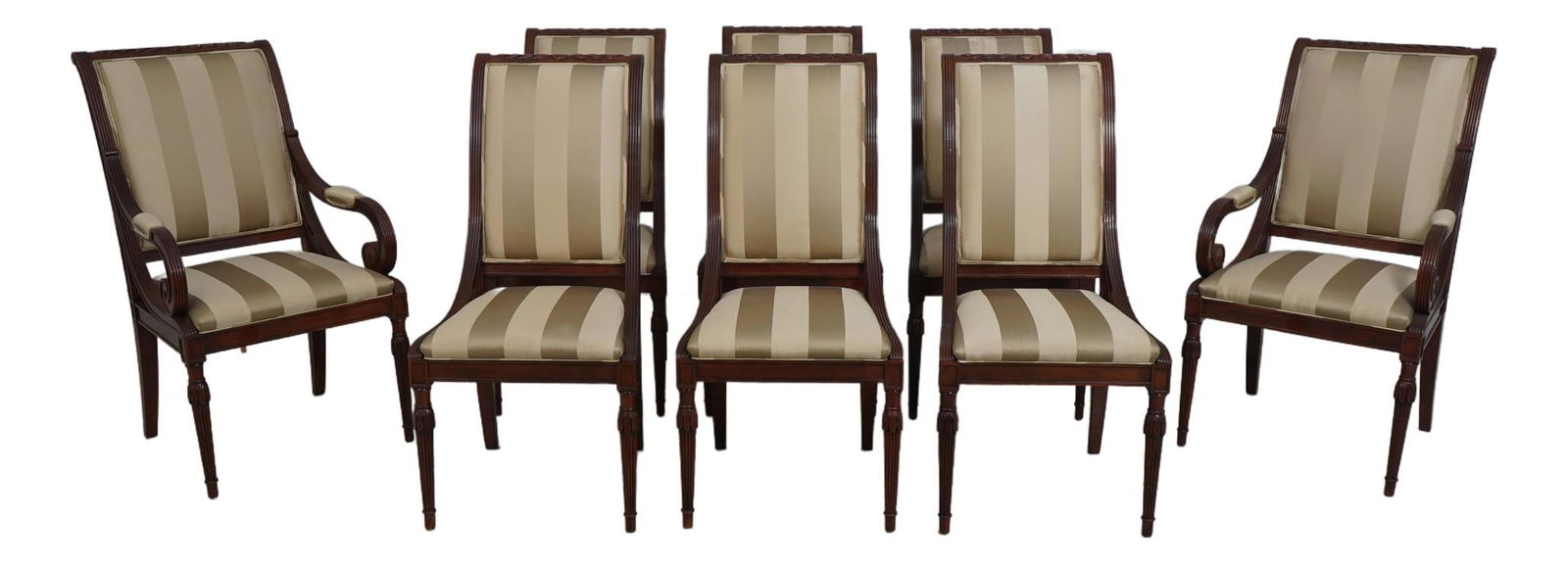 Set of 8 Karges French Louis XVI Dining Chairs Walnut Finish: Set of 8 Karges French Louis XVI Dining Chairs Walnut Finish This exquisite set of 8 French Louis XVI dining room chairs showcases fine craftsmanship with beautifully carved details and a high-quality