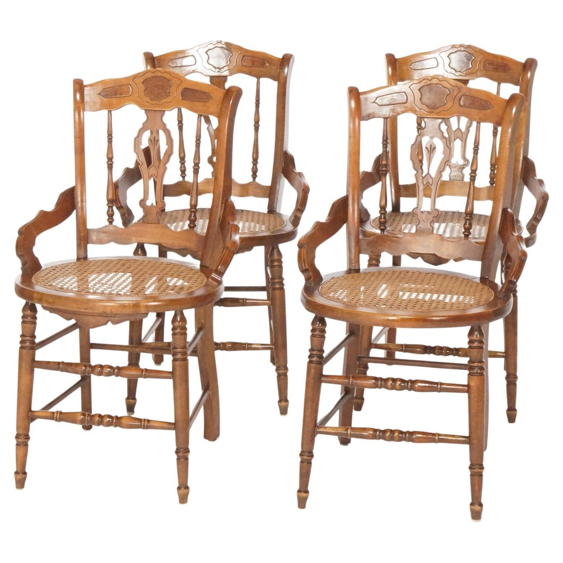 Victorian Antique Set of 4 Walnut Burl Cane Dining Chairs Circa 1890: Victorian Antique Set of 4 Walnut Burl Cane Dining Chairs Circa 1890 This exquisite set of four Victorian dining chairs, crafted circa 1890, showcases the elegance and craftsmanship of the late 19th c