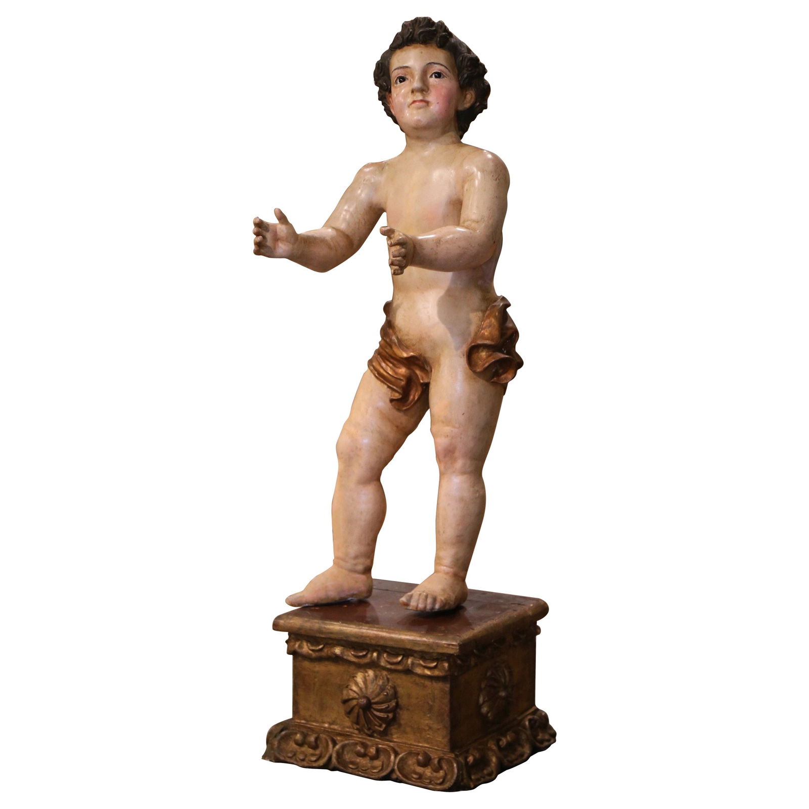 18th Century Italian Life Size Polychrome Putti Sculpture with Glass Eyes: 18th Century Italian Life Size Polychrome Putti Sculpture with Glass Eyes This exquisite 18th Century Italian carved polychrome putti sculpture showcases the artistry of the Neoclassical style. Handcr