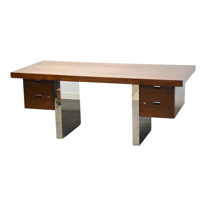 Roger Sprunger Dunbar Mid-Century Modern Walnut Executive Desk: Roger Sprunger Dunbar Mid-Century Modern Walnut Executive Desk This stunning mid-century modern executive desk, designed by Roger Sprunger for Dunbar, showcases a beautiful combination of walnut and c