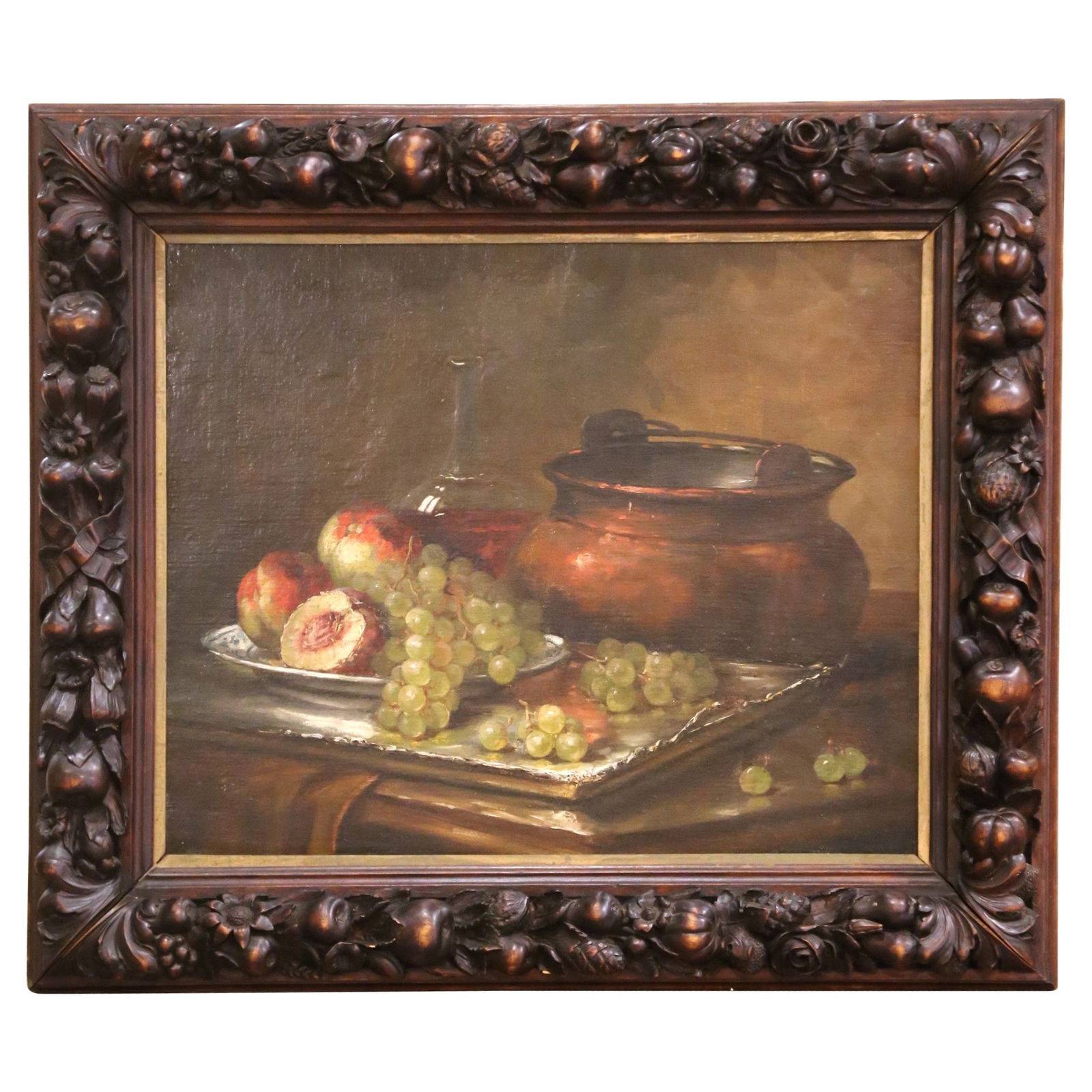 19th Century French Still Life Oil Painting with Copper Pot in Walnut Frame: 19th Century French Still Life Oil Painting with Copper Pot in Walnut Frame This exquisite 19th-century French still life painting features a beautifully arranged composition of ripe fruit alongside a
