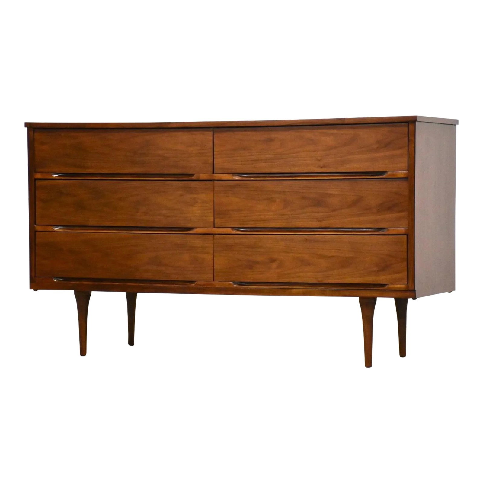 Mid Century Modern Walnut Dresser by Stanley 54.25x18x31: Mid Century Modern Walnut Dresser by Stanley 54.25x18x31 This mid-century modern dresser by Stanley Furniture features a stunning walnut finish and is designed with six spacious drawers for ample stor