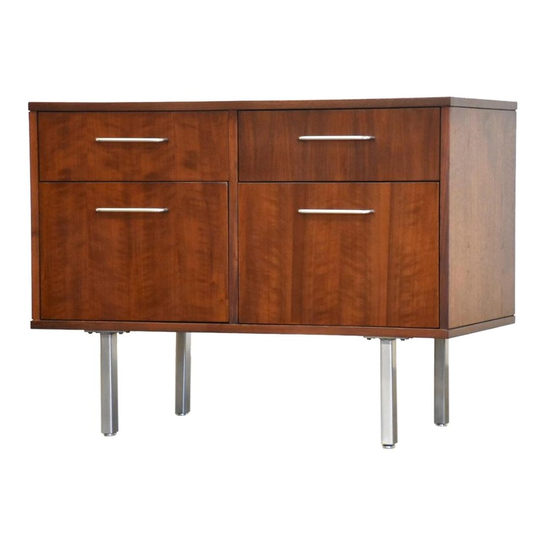 Mid Century Modern Walnut Office Cabinet Credenza with Aluminum Details: Mid Century Modern Walnut Office Cabinet Credenza with Aluminum Details This stunning mid-century modern walnut office cabinet credenza features sleek aluminum details and two spacious drawers designe