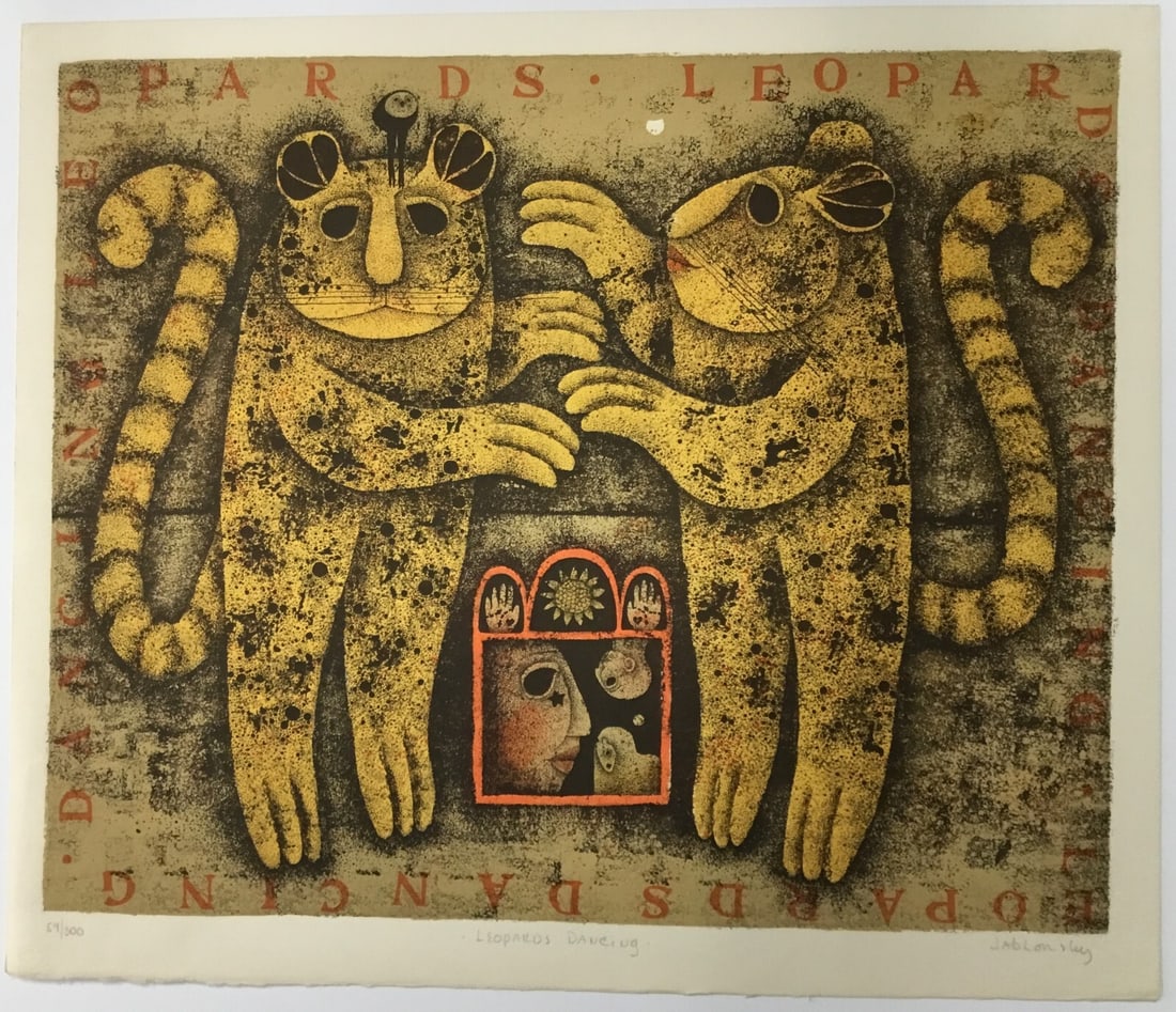 Carol Jablonsky Leopards Dancing Limited Edition Signed Lithograph 59/300: Carol Jablonsky Leopards Dancing Limited Edition Signed Lithograph 59/300 This stunning lithograph titled 'Leopards Dancing' by artist Carol Jablonsky is a captivating piece of contemporary art, showc