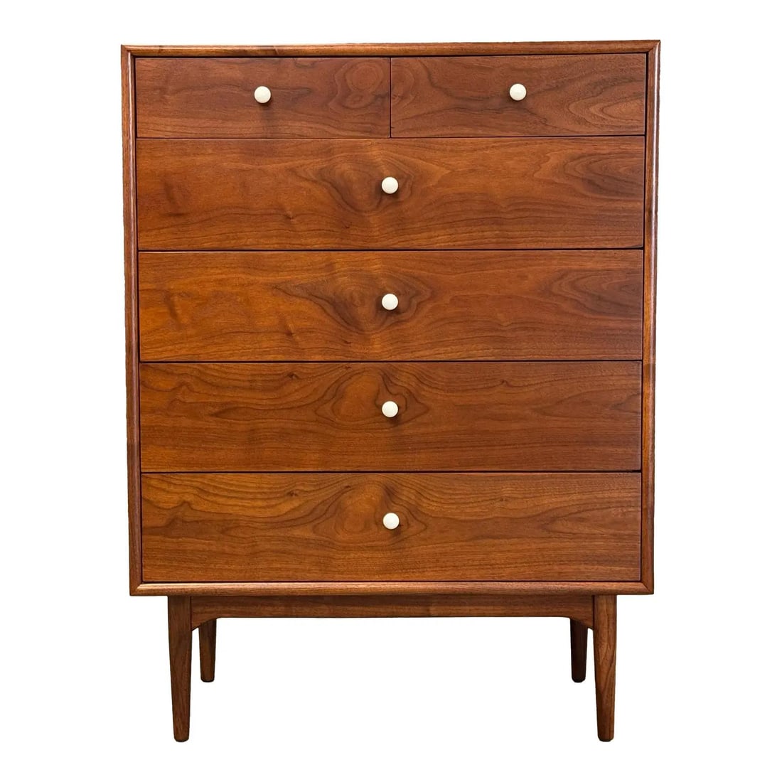 1960s Kipp Stewart Walnut Declaration Tall Dresser for Drexel: 1960s Kipp Stewart Walnut Declaration Tall Dresser for Drexel This stunning mid-century modern tall dresser, designed by Kipp Stewart and Stewart MacDougall for Drexel, showcases a refined walnut fini