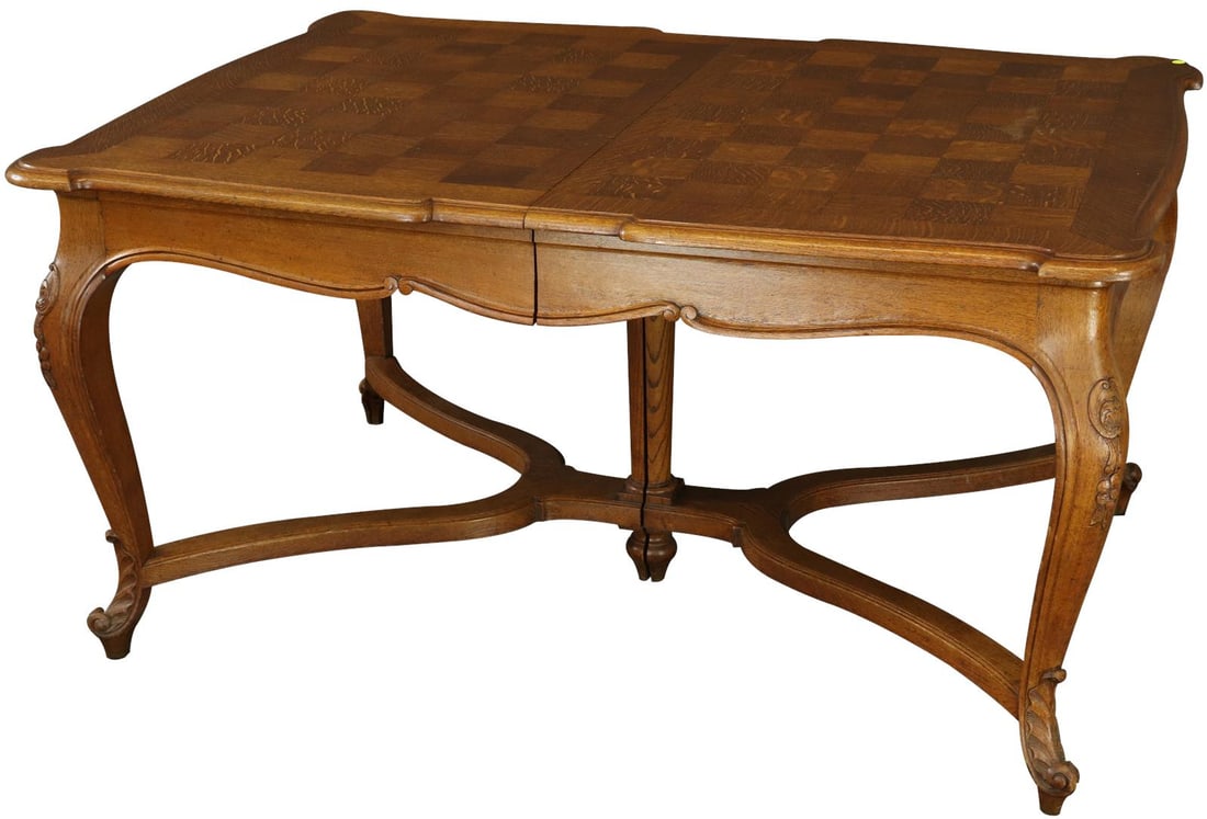 1930 French Rococo Dining Table Oak Parquetry Chestnut Finish: 1930 French Rococo Dining Table Oak Parquetry Chestnut Finish This exquisite 1930 Vintage Rococo Dining Table hails from France, showcasing the intricate elegance of the Rococo style. Crafted from oak