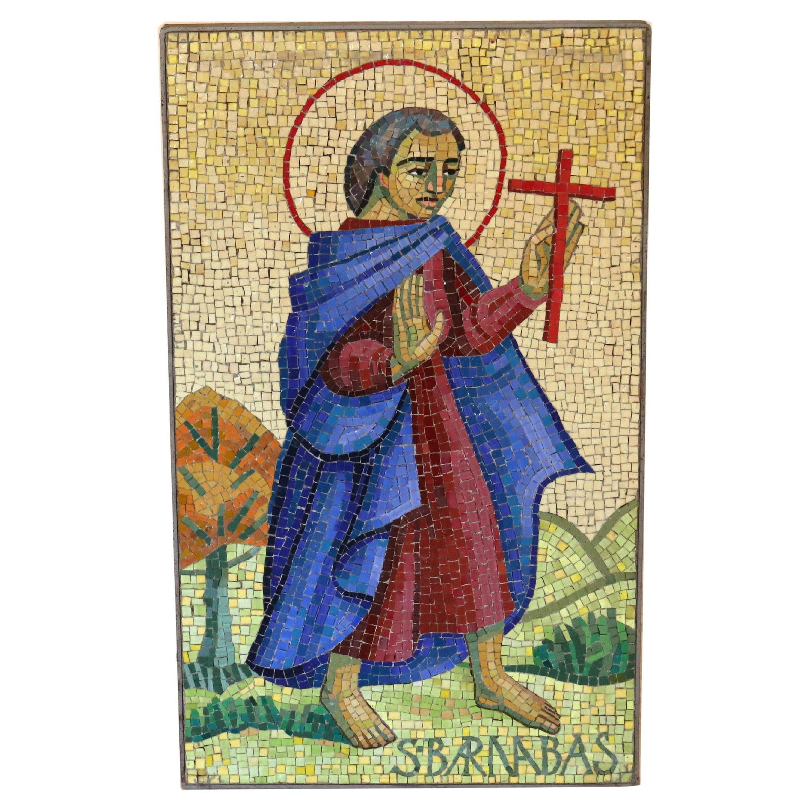 Vintage Mosaic Tile Portrait of Saint Barnabus c1930 Ceramic Art: Vintage Mosaic Tile Portrait of Saint Barnabus c1930 Ceramic Art This exquisite antique mosaic tile portrait of Saint Barnabus, crafted around 1930, showcases the intricate artistry of early 20th-cent