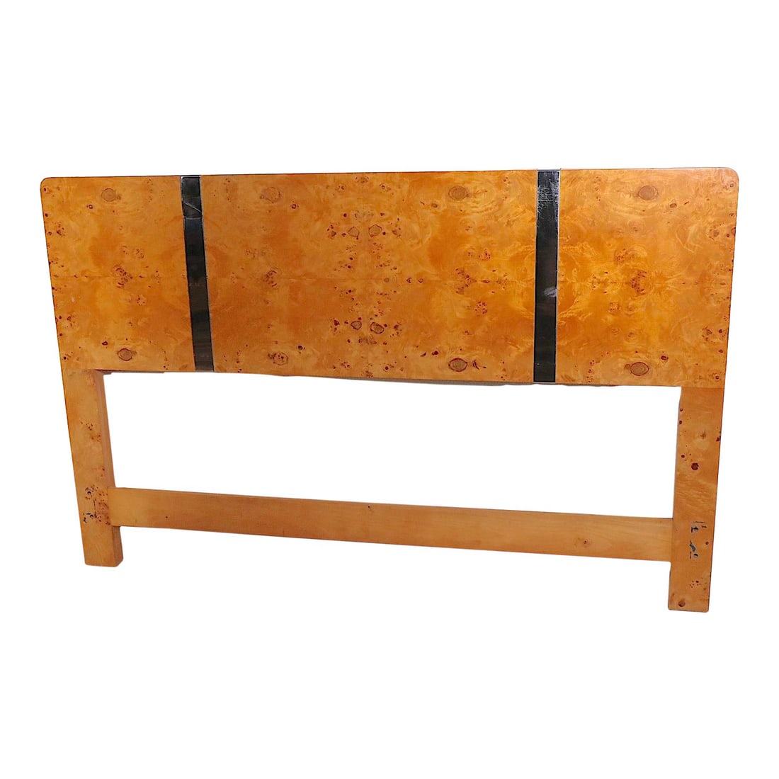 1970s Burl and Chrome Full Size Headboard by Baughman: 1970s Burl and Chrome Full Size Headboard by Baughman This stunning full-size headboard from the 1970s features vibrant olive wood burl complemented by bright chrome banding. Its sturdy construction e