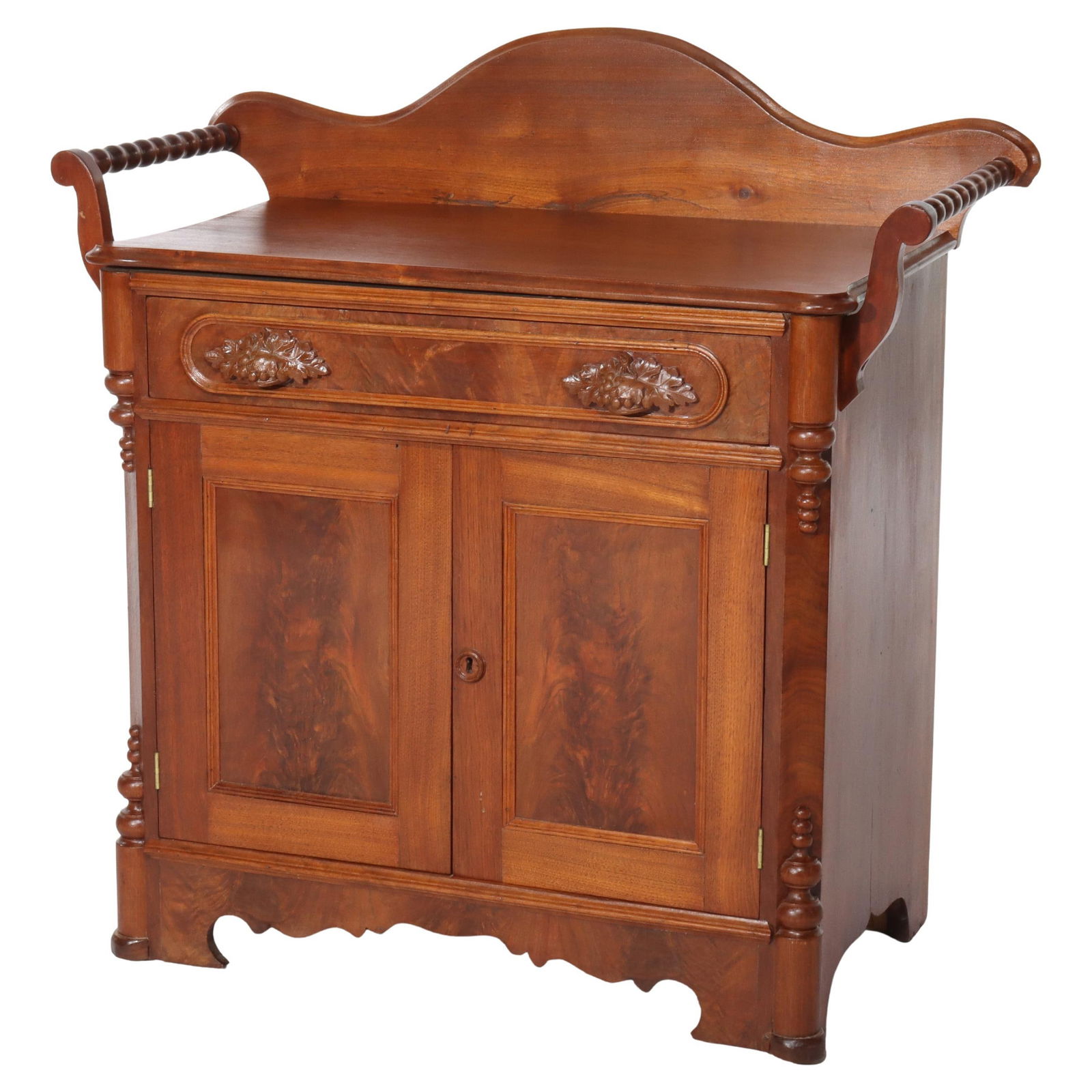 Victorian C1890 Carved Walnut Burl Washstand with Towel Racks: Victorian C1890 Carved Walnut Burl Washstand with Towel Racks Discover a beautifully crafted Antique Victorian Washstand, dating back to circa 1890. This exquisite piece features intricate carvings in