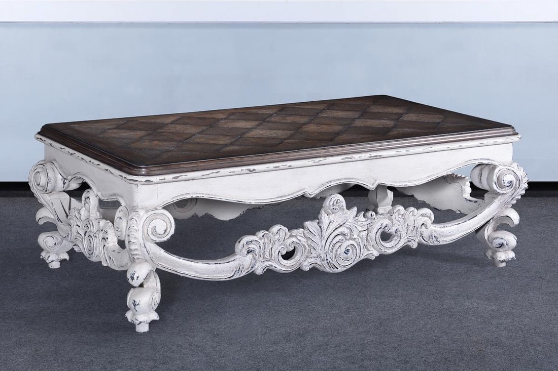 Baroque Style Solid Wood Cocktail Table Antiqued White Oak 19H 55W 32D: Baroque Style Solid Wood Cocktail Table Antiqued White Oak 19H 55W 32D Introducing an elegant solid wood cocktail table, designed in a stunning Baroque style. This new piece features a hand-carved con