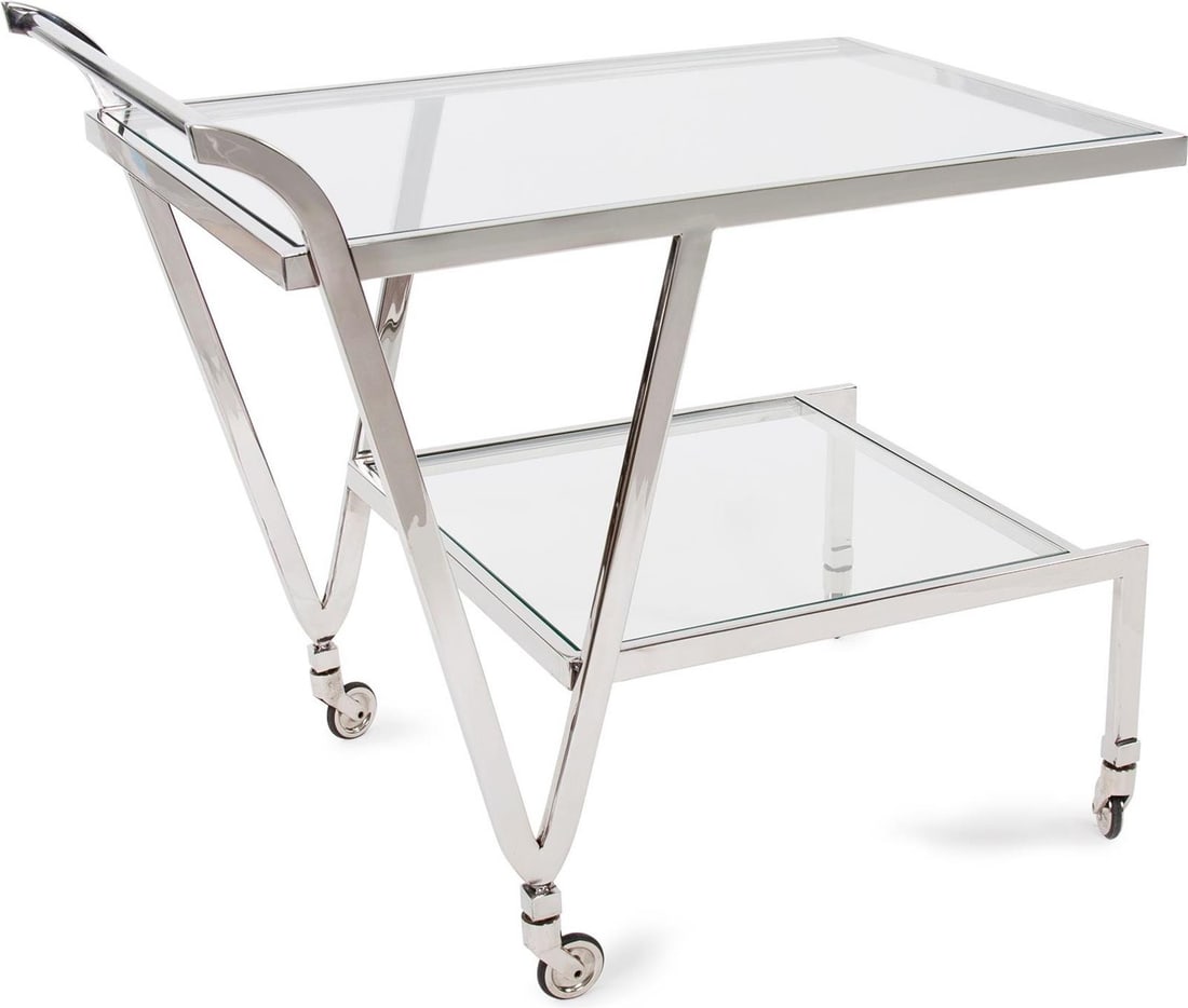 Howard Elliott Polished Silver Bar Cart with Glass Shelves: Howard Elliott Polished Silver Bar Cart with Glass Shelves Elevate your entertaining experience with this sophisticated silver bar cart featuring sleek glass shelves. Crafted from stainless steel with