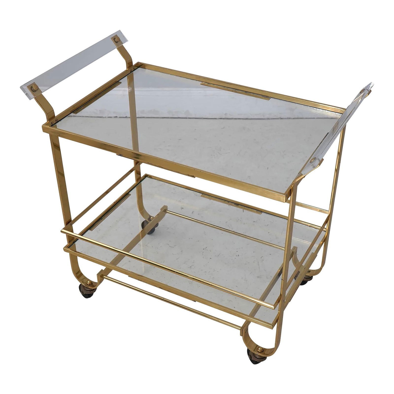 Modern Brass Tea Dessert Cart with Lucite Handles: Modern Brass Tea Dessert Cart with Lucite Handles This exquisite modern design tea or dessert cart features a solid brass frame complemented by elegant Lucite handles. With a sturdy construction and a