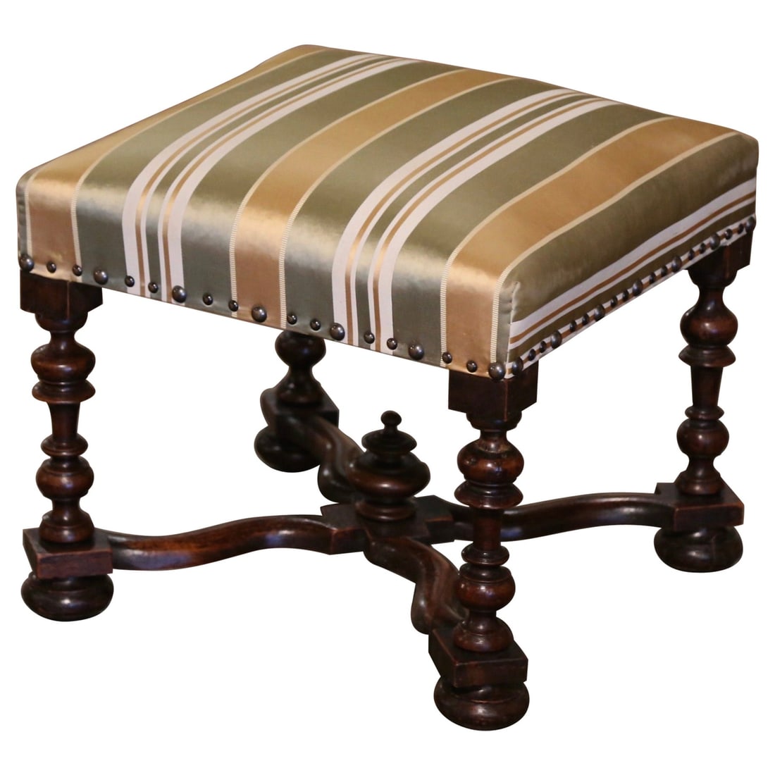 19th Century Louis XIV Walnut Stool with Silk Upholstery: 19th Century Louis XIV Walnut Stool with Silk Upholstery This elegant 19th Century French Louis XIV carved walnut stool is a stunning addition to any room. Crafted in southern France around 1870, this